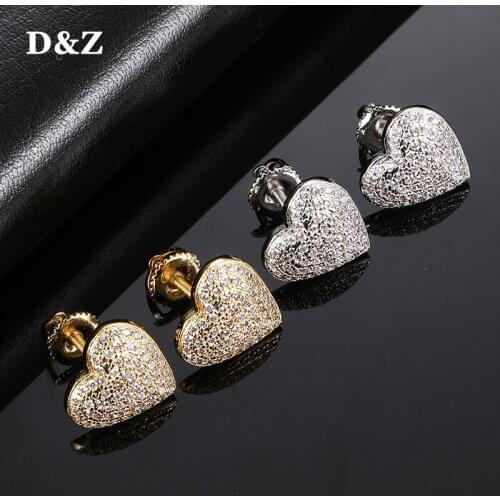 D&Z New Heart Shape Studs Earrings For Women 4 Prong Tragus Cartilage Piercing Jewelry Hip hop Jewelry Brass Material