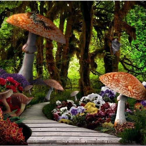 Alice Wonderland Mushroom Enchanted Forest Road Tree backdrops Vinyl cloth High quality Computer print party background