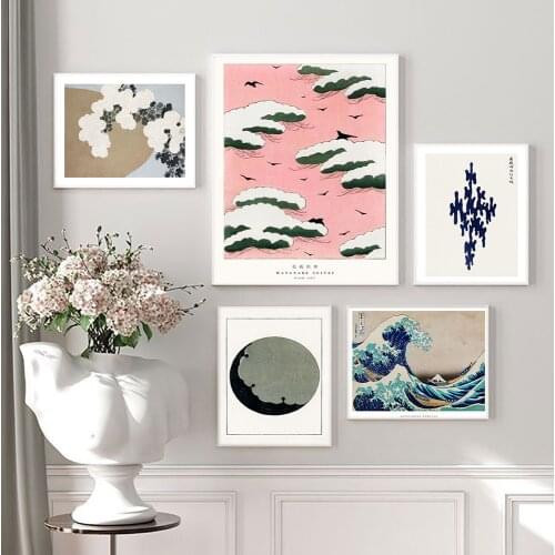 The Great Wave of Kanagawa Ukiyoe Japanese Art Vintage Pink Sky Wall Canvas Print Famous Painting Living Room Decoration Picture
