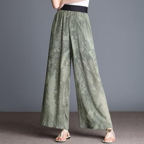 Summer 2017 Fashion Wide Leg High Elastic Wiast Loose Bohemian Printed Chiffon Trousers For Women , Woman Painted Flower Pants