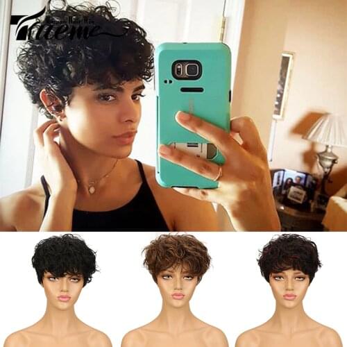 Trueme Brazilian Pixie Cut Wig Red Blue Ombre Wavy Wave Remy Hair Short Human Hair Wigs For Black Women Fashion Full Wig