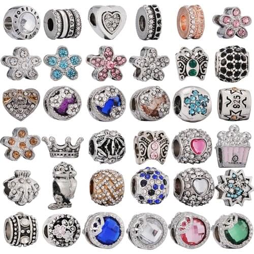 2Pcs/Lot Rhinestone Flowers Beads Charms Pendant Fit Original Brand Bracelets Necklaces For Women Jewelry Making Accessories