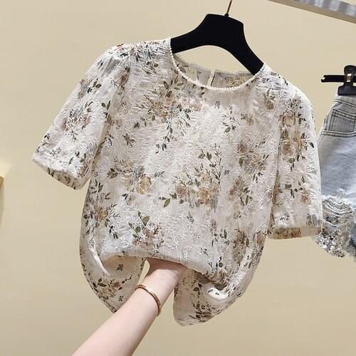 2021 Summer New Retro Embroidery Lace Chiffon Shirt Womens Short Puff Sleeve Floral Print Top Girls Ladies Pullover Blouse