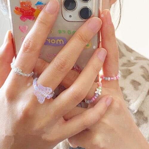 2021 New Lovely Summer Korean Colorful Resin Transparent Beads Butterfly Flowers Rings for Women Party Vacation Jewelry Gifts