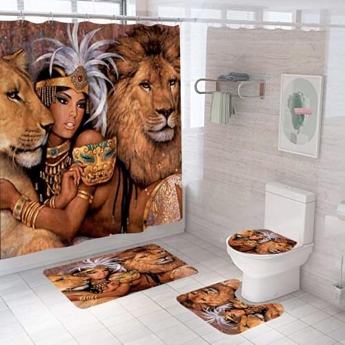 African Sexy Woman Dafield Lion Shower Curtain Polyester Fabric Waterproof Bathroom With Hooks