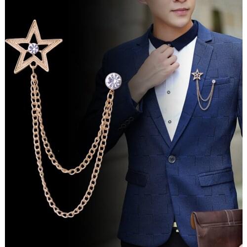 Korean Fashion Rhinestone Star Brooch Tassel Chain Lapel Pin and Brooches Suit Shirt Badge Corsage for Men Accessories Gifts