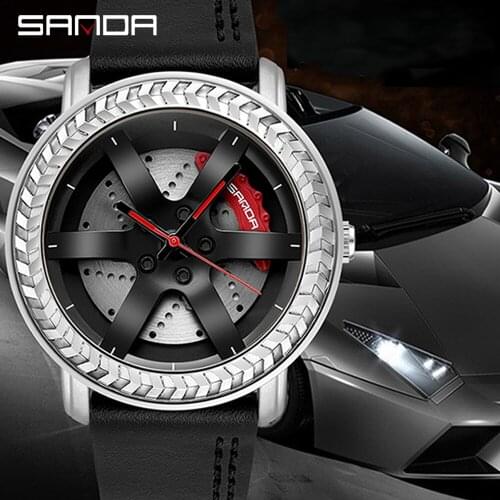 Car Wheel Rim Hub Men Watch Sports Male Quartz Sliver Black Stainless Steel Leather Man Wrist Watch Waterproof Relogio Masculino