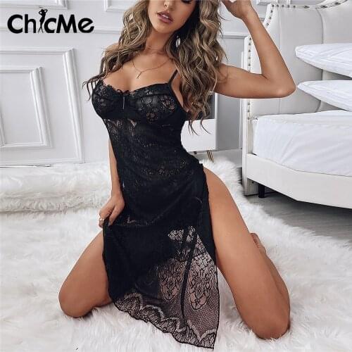 Chicme Women Eyelash Black Lace Sheer Mesh High Slit Babydoll Dress Spaghetti Strap See Through Bedroom Sexy Low Cut Night Club