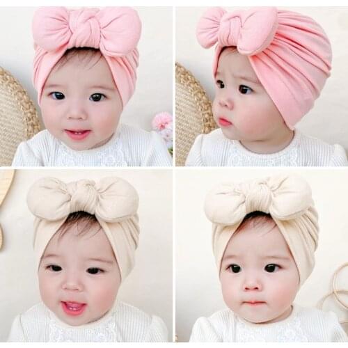 Baby Solid Cotton Beanies Cute Bear Ear Bowknot Turban Hats Sweet Soft 0-4T Elastic Caps for Newborn Baby Boy Girls Headwraps
