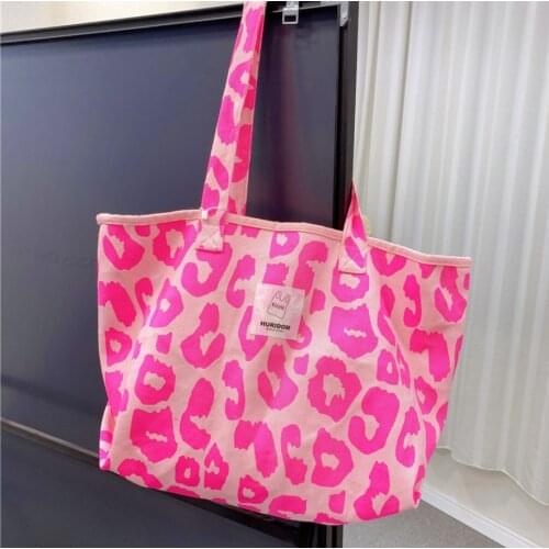 Women Canvas Totes Pink Green Leopard Shoulder Bag Large Capacity Casual Ladies Cute Shopping Handbag