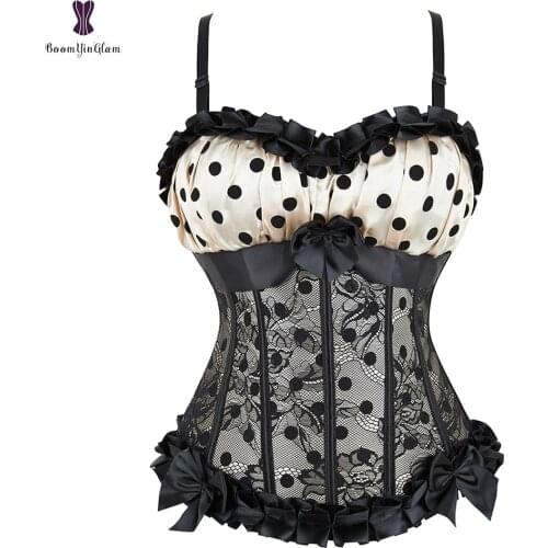 Polka Dot Corset Overbust Corsets Lace Up Korset Waist Slimming Boned Bustier Plus Size 6XL Lace Overlay Side Zipper Corselet