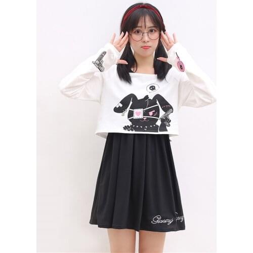 Black Comic Rabbit Teens Girl 2 Pcs Suit Sweet Cotton Dress Short Cute Bunny Print Long Sleeves Japanese Lolita