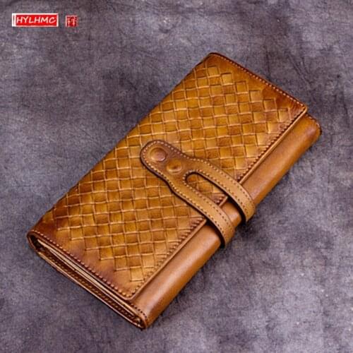 Handmade Leather Purses Womens Wallet Genuine Leather Clutch Bag 2021 New Style Zipper Card Holder Wallets 3 fold Woven Cowhide