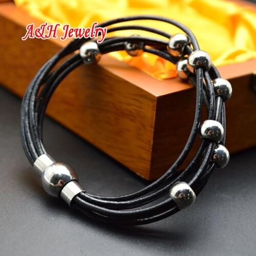 5pcs Genuine Leather Multi-layer With Stainless Steel Beads Magnet Clasp Bracelet Fashion Men and Women Jewelry