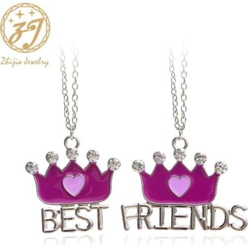 Zhijia trendy purple crown BFF Necklace Best Friends Necklaces For 2 Friendship jewelry Gift For Girl crystal heart necklace