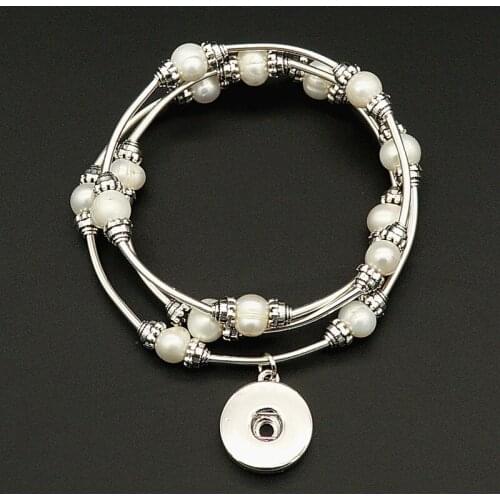 Fashion Charming Natural freshwater pear silver color snap bracelet elastic fit 18MM snap buttons jewelry wholesale AB0055