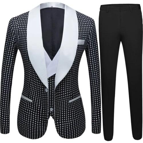 New Arrival Check Dots Men Suits White Shawl Lapel Wedding Costume Homme Slim Fit 3 Pieces Groom Prom Blazer Terno Masculino