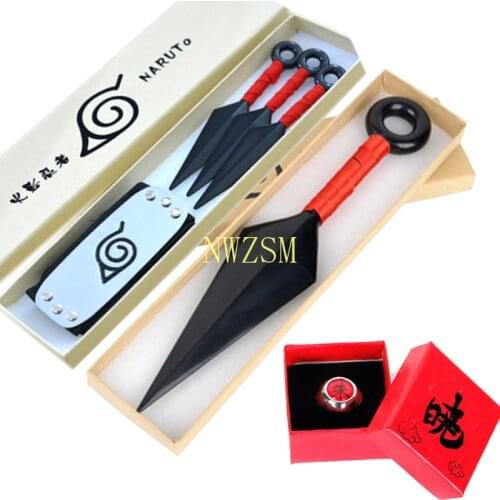 Anime Naruto Accessories Set Naruto Cosplay Forehead Ring Shuriken Hand-made Kunai Weapon Sasuke Ninja Prop Series Gift Box