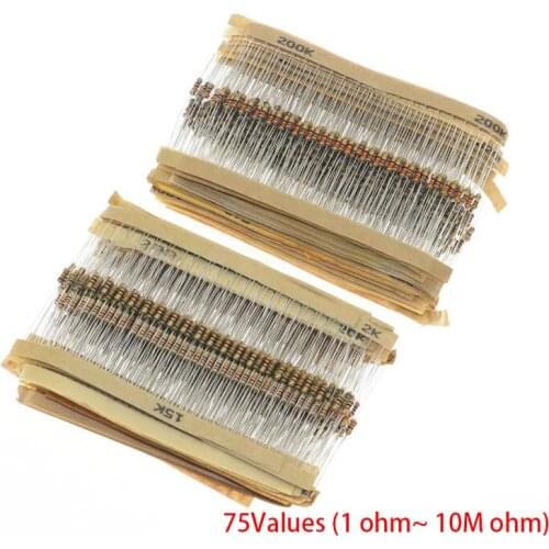 New 1500pcs 1/4W Power Carbon Film Resistors Assorted kit 75Values (1 ohm~ 10M ohm) Resistance 5% Tolerance Resistor Pack IC