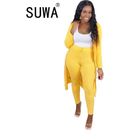 Solid Knitted Ribbed Fitness Tracksuit Womens Sets Long Sleeve Cardigan and High Waist Slim Leggings Sweat Suit Two Piece Suit