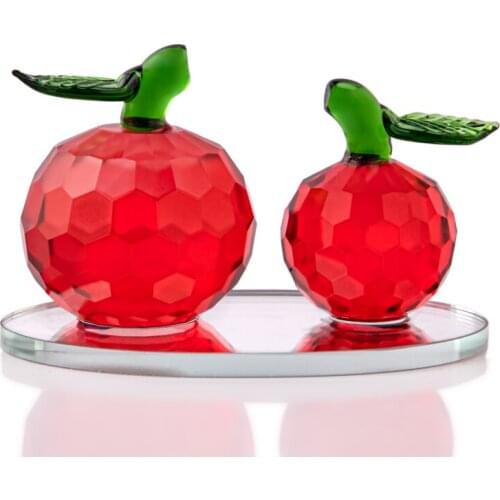H&D Double Crystal Faceted Red Apples Figurines Collectibles Glass Apple Paperweight with Mirror Tray for Home Table Decor Gift