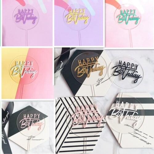 Transparent round Acrylic Happy Birthday Cake Topper Glittering letters Party cake flags Family birthday party Cake Decoration