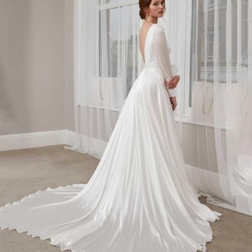 Long Puffy Sleeves Chiffon Wedding Party Dress Open Back Zipper Court Train Pearls Custom Made A Line Elegant Scoop Bridal Gowns