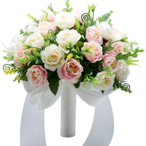 Wedding Flowers Wedding Gifts Wedding Bridal Bouquet Ceremony Holding Bouquet with Artificial Roses Pearl Ribbon