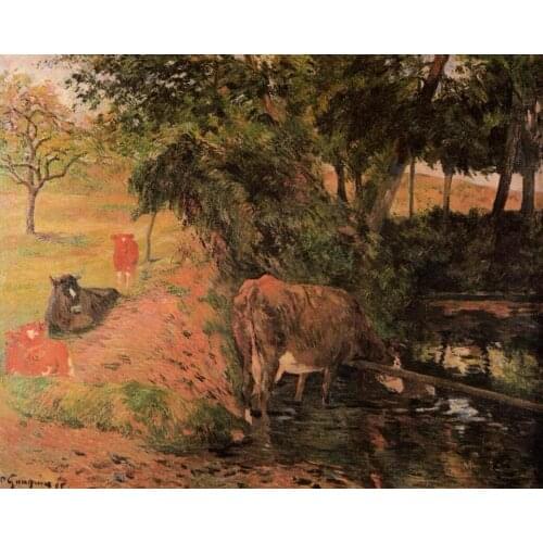 High quality Oil painting Canvas Reproductions Landscape with cows in an Orchard (1885) by Paul Gauguin hand painted