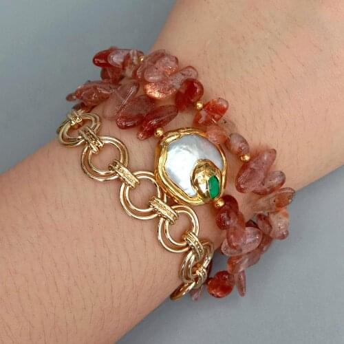 YYGEM 3Strands Natural Sparkling Sunstone Freeform White Coin Pearl trimmed with green crystal Plated Chain statement Bracelet