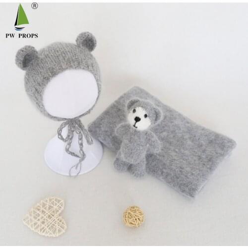 Angora Teddy Bear Bonnet Toy Set Baby Fluffy Stretch Knit Wrap Stuffer Bear Toy Newborn Photography Props Layer Filler Fabric