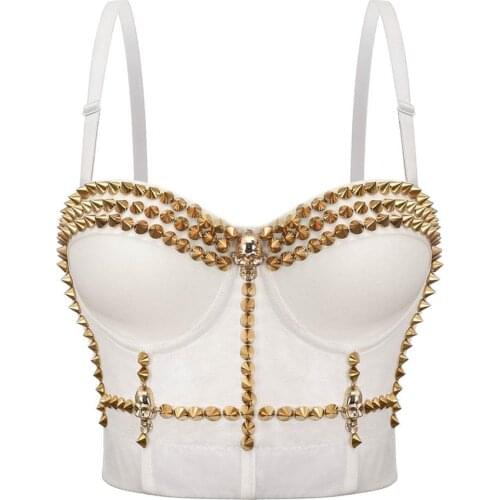 White & Gold Rivets Punk Gothic Brasieres Para Mujer Push Up Bra Sexy Bralette Crop Top Rave Rock Dance Club Wear Bras For Women