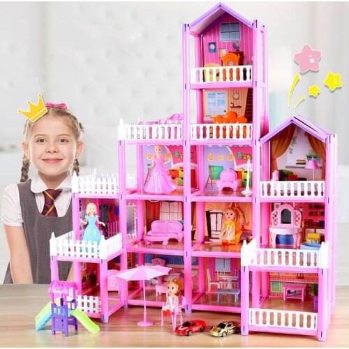 Princess DIY Big Villa Dollhouse Pink Castle Game Room With Dolls Kit Assembly Doll House Girl Family Toy Birthday Gift Casa