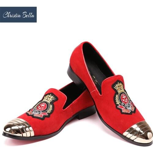 Christia Bella Embroidered Gold Crown Design Men Velvet Shoes with Buckle Men Smoking Slippers Male Wedding and Party Loafers