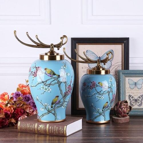 European Decoration Living Room ceramic Ginger jar Household Decoration porcelain temple jar vase flower bird pattern