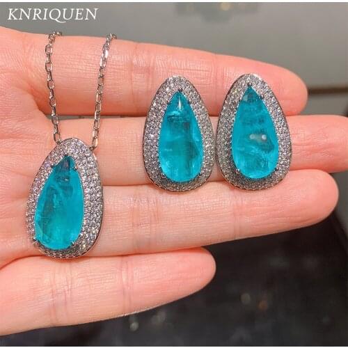 Charms 925 Sterling SIlver 10*20mm Paraiba Tourmaline Gemstone Earring Necklace Set for Women Wedding Cocktail Fine Jewelry Gift