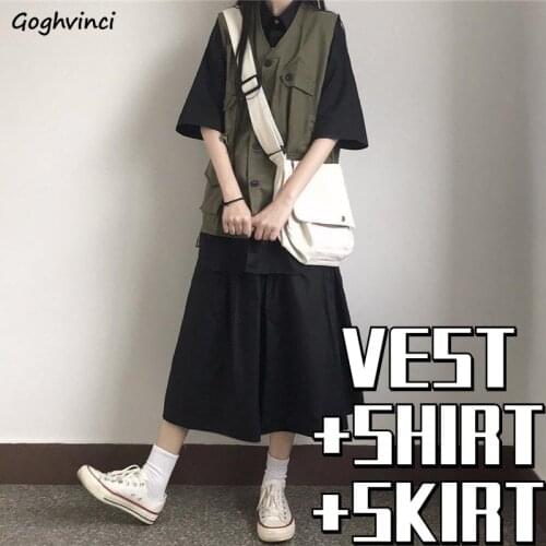 Dress Sets Women Vintage Pleated Solid A-line Mid-calf Skirt Preppy Japan Style All-match Simple Design High Street Trendy Shirt