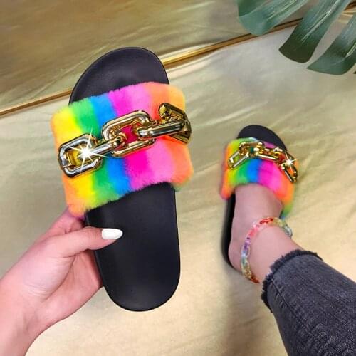 Summer New Style Color Plush Slippers Fashion Metal Chain Flat Sandals Open Toe Outdoor Leisure Plus Size