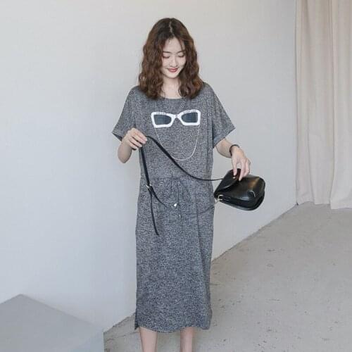 Summer Maternity Long Dresses Expectant Mother Round Neck Grey Dress Pregnant Women Loose Cartoon Lovely Dress Pregnancy Clothes