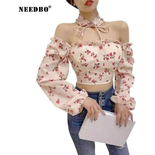 NEEDBO Sexy Long Sleeve Crop Top Harajuku Shirt Women Spring Tops Sexy Fashion T-shirt 2021 Cute Flower Tops Women Tops