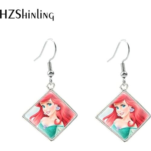 2021 New Sweety Fairy Stories Beauty Princess Ariel Bell Cinderella Characters Glass Cabochon Rhombus Dangles Earrings