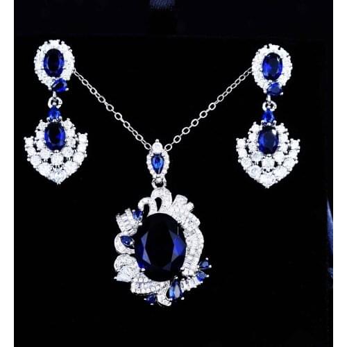 QTT Gorgeous 925 Sterling Silver Blue Green High Carbon Diamond Pendant Necklace Stud Earrings Set Fine Jewelry