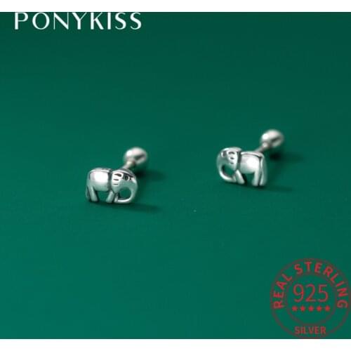 PONYKISS Vintage 925 Sterling Silver Cute Elephant Animals Spiral Stud Earrings Women Party Fine Jewelry Minimlist Accessory