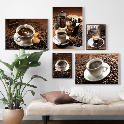 Retro Coffee Cups Canvas Painting Espresso Coffee with Old Coffee Grinder Posters and Prints Wall Art Pictures for Living Room