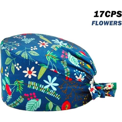 Flowers Printing Scrub Cap Operating Room Workers Adjustable Working Nursing Hats Beauty Salon Fashion Scrubs Caps 100% Cotton