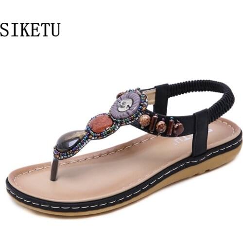 SIKETU new summer womens Flip-flop sandals Bohemia style PU soft leather comfortable beach shoes low heel flat women sandals