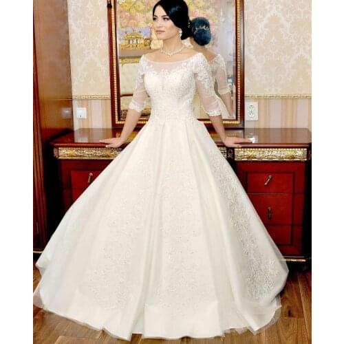 Wedding Dress Ball O-Neck Half Sleeve Lace Appliques Beads Sequined Button Backless Floor Length Gorgeous Bride Gown New