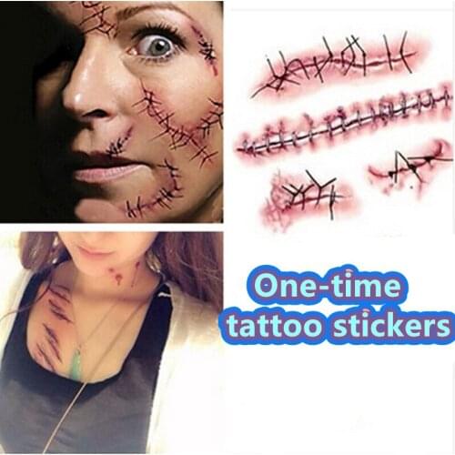 Temporary Tattoo Stickers One-time Body Makeup Halloween April Fools' Day Terror Realistic Stitched Injuries Non-toxic Long Last