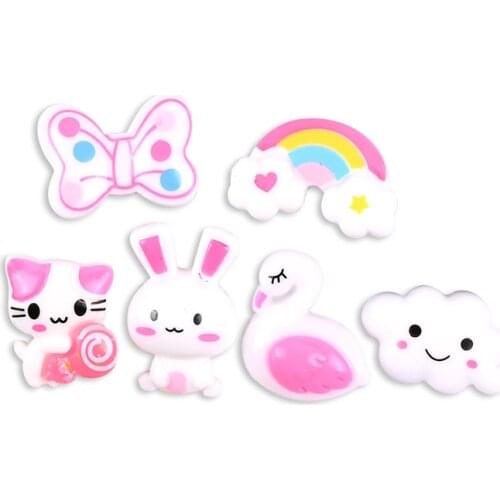 20 Pcs Rainbow Bow Kitten Flamingo Cloud Cartoon Flats Back Resin Scrapbooking Cabochons DIY Hairpin Phone Case Accessories
