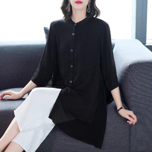 2021 Summer Loose Solid 4XL Plus Size Long Tops Shirts Spring Vintage Casual Black Chiffon Blouses Women Elegant Bodycon Shirts